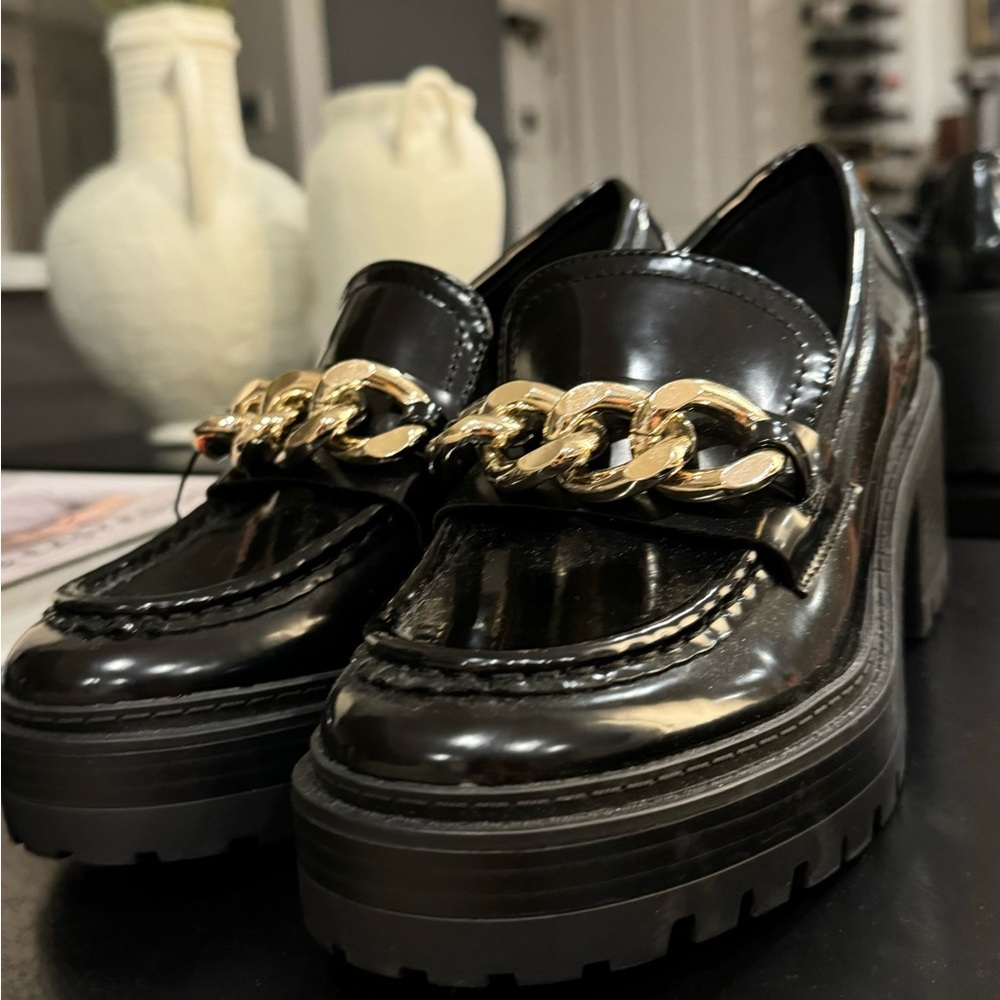 Guess Black and Gold Platform Loafers with Chain Detail